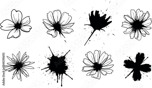 Set of black ink blots and splashes forming a seamless floral vector pattern with grunge illustration elements and snowflake silhouettes for a winter nature art design