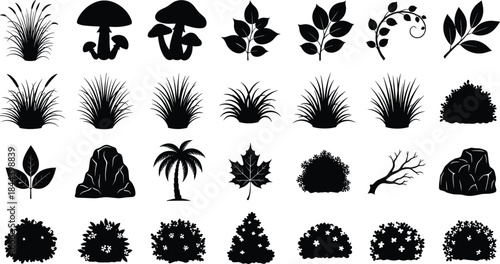 Grass, Bushes, Mushrooms, Leaves, Rocks, Palm Tree, and Twig for Landscape Design Assets, Flat Illustration.