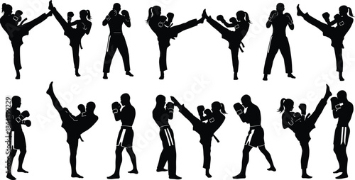 Dynamic High Kick, Punch, and Attack Poses for Training and Competition, Flat Vector
