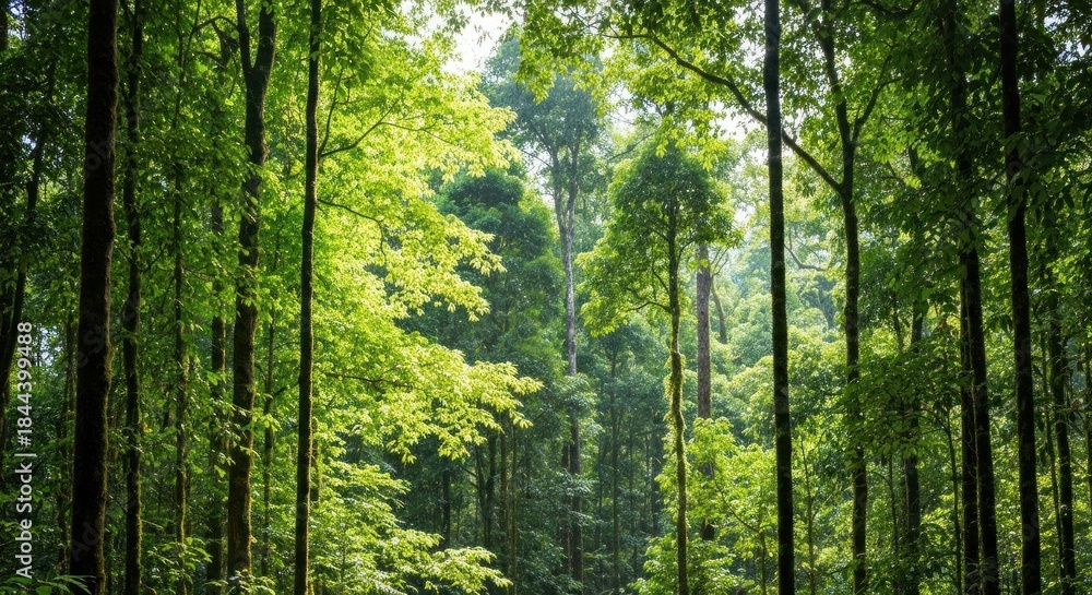 Obraz premium A lush, verdant forest canopy, sunlight filtering through tall trees