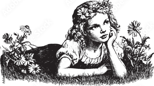 Thoughtful girl lying on grass surrounded by flowers. Vintage black and white vector illustration depicting a peaceful outdoor scene.