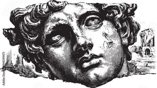 Classical statue head in detailed black and white vector illustration. A fine art rendering highlighting historical craftsmanship and expressive likeness.
