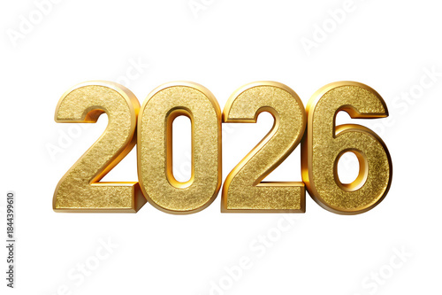 Large bold digits “2026” filled with high-quality gold foil texture, crisp edges, placed on smooth pure white background, soft shadow behind text for depth, faint scattered gold glitter around edges