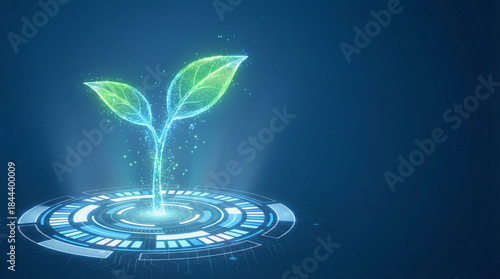 Futuristic green digital plant sprout growing from hologram platform, sustainable technology and eco innovation concept.
