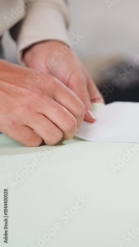 Wallpaper Mural hands securing paper pattern on fabric, closeup of pin insertion and edge pressing with wooden weight nearby, methodical preparation for cutting in calm home studio, careful tool handling Torontodigital.ca
