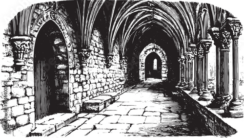 Medieval monastery hallway illustration in black and white. Detailed architecture set featuring stone pillars and arches, vector art style.