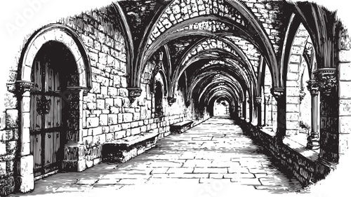 Medieval monastery hallway with stone arches and walls. Black and white vector illustration featuring classic architecture and elegant design.