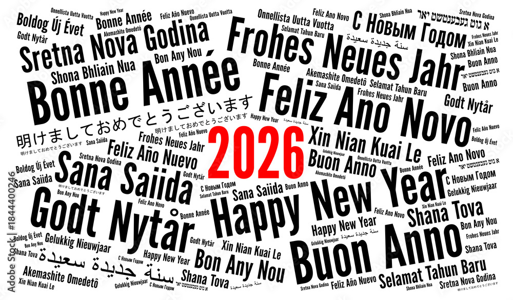 Fototapeta premium Happy New Year 2026 word cloud in different languages