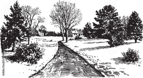 Black and white engraving of a snowy path. The winter landscape features trees, bushes, and a house in the background, presented as a vector illustration.