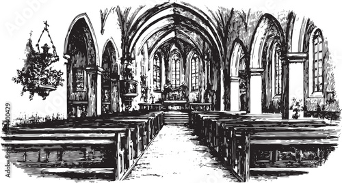 Gothic church interior engraving in black and white. Features pews and pillars in a detailed vector illustration showcasing architectural design.
