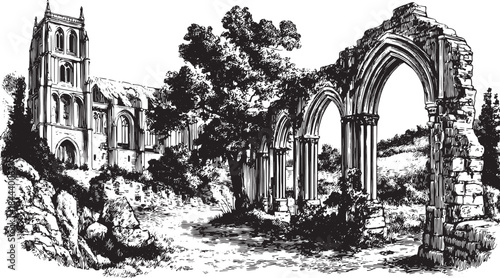 Gothic abbey etching in black and white. A crumbling structure surrounded by landscape, illustrated as a vintage vector illustration.