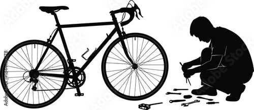 man fixing a road bike, crouching next to tools and pedals on the ground, vector illustration