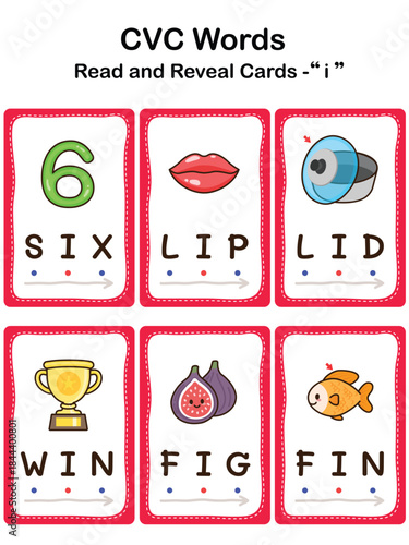 CVC Word Flashcards for Kids – Short Vowel I, Early Reading and Phonics Learning. Educational Worksheet.