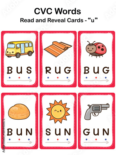 CVC Word Flashcards for Kids – Short Vowel U, Early Reading and Phonics Learning. Educational Worksheet.