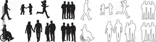 Set of Diverse People Silhouettes and Outline Vector Icons isolated PNG with Transparent Background