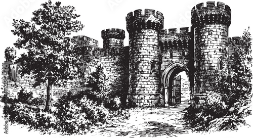 Medieval castle gate in black and white vector illustration. Detailed vintage artwork featuring stone structures and surrounding nature.