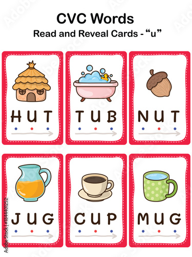 CVC Word Flashcards for Kids – Short Vowel U, Early Reading and Phonics Learning. Educational Worksheet.