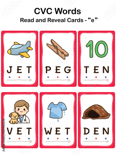 CVC Word Flashcards for Kids – Short Vowel E, Early Reading and Phonics Learning. Educational Worksheet.
