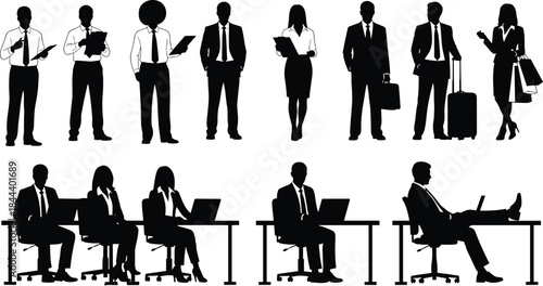 Professionals Standing, Working at Desks with Laptops, and Traveling for Office and Career Graphics, Flat Illustration.