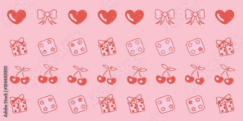A playful pattern of hearts gifts cherries and dice in soft pink hues