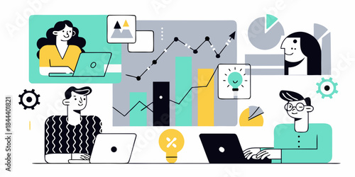 Team collaboration data analysis and innovative ideas in a modern workspace