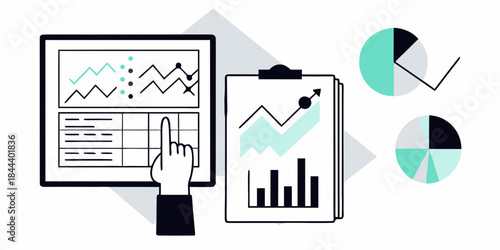 Data analysis and reporting charts graphs and a hand interacting with a screen