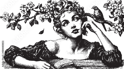 Vintage illustration of a thoughtful woman surrounded by flowers and a bird, capturing classic design details in this black and white vector artwork.