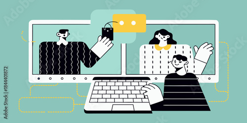 People connecting through a laptop screen in a modern illustration style