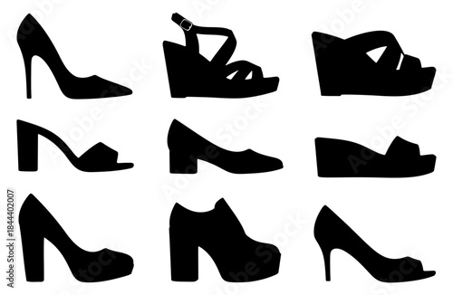 Collection of nine women's shoe silhouettes, high heel, wedge, pump and platform footwear icons