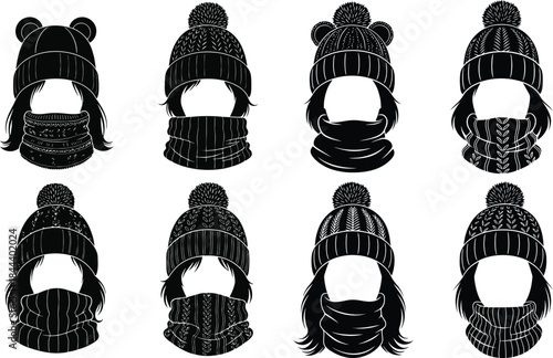 A collection of diverse black silhouettes featuring stylish winter hats and cozy scarves