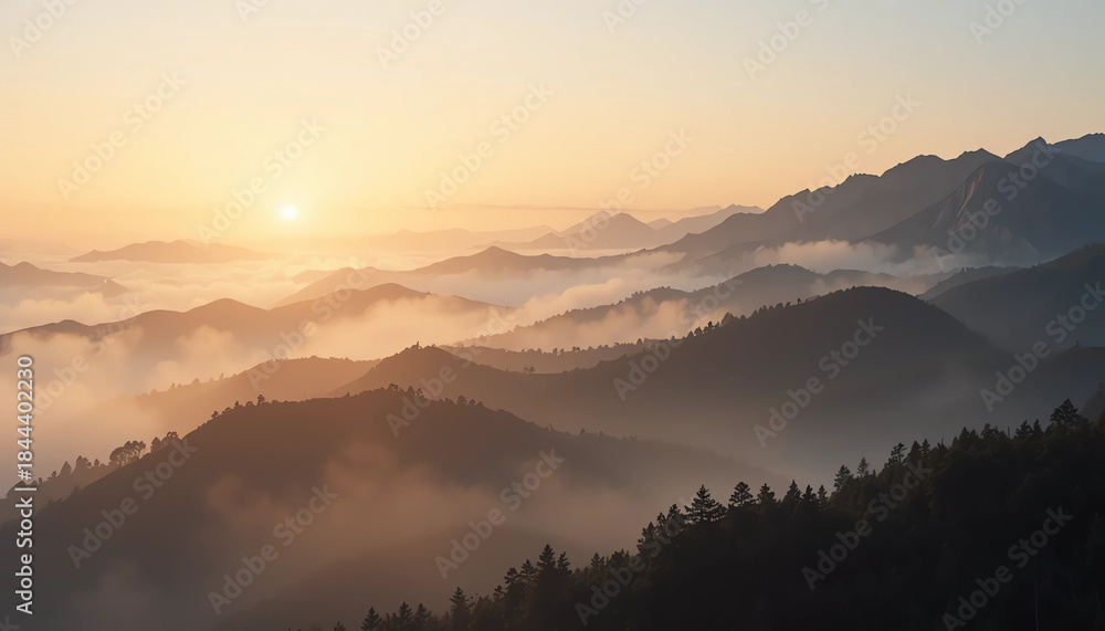 Fototapeta premium Misty mountain sunrise, soft atmosphere, natural tones, photorealistic