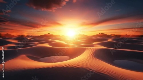 Golden Desert Sunset Over Rippling Sand Dunes.