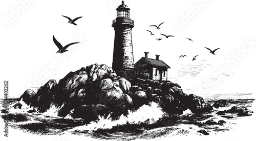 Lighthouse near the sea on rugged rocks. Coastal landmark vector illustration in black and white. Set of illustrations featuring nature and structure.