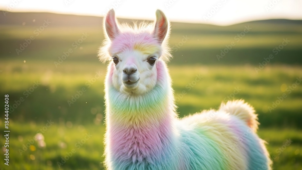 Fototapeta premium Rainbow Llama Grazing in a Lush Green Field at Sunset.