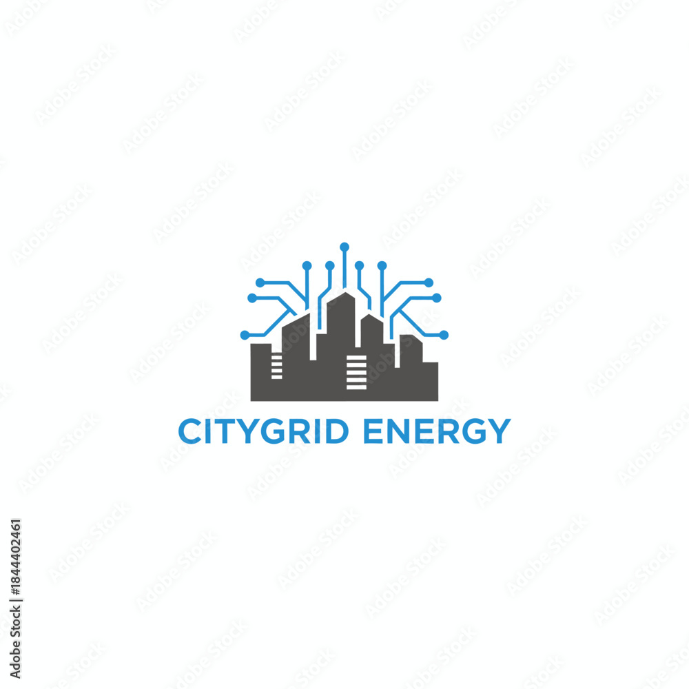 Fototapeta premium Smart City Skyline with Digital Circuit Grid Energy Logo