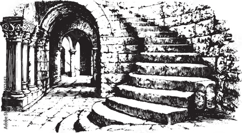 Detailed engraving of spiral stone stairs featuring textured walls and pillars. This classic black and white illustration is presented as a vector set.