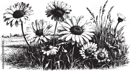 Daisy flowers in a black and white vector illustration. Botanical set showcasing nature and floral elements in a vintage style.