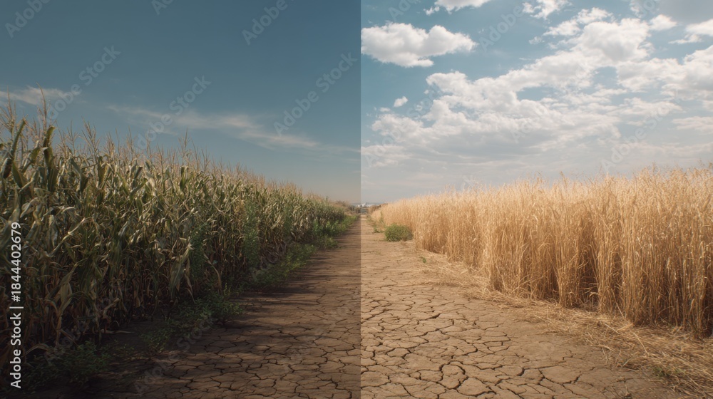 Fototapeta premium Contrast of Cornfield and Wheatfield Under Clear Sky Reflecting Climate Change Impact on Agriculture