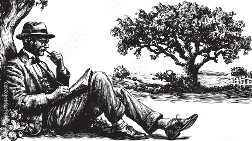 Man sitting under a tree, enjoying a pipe and reading a book. Vintage black and white vector illustration capturing a serene outdoor study.