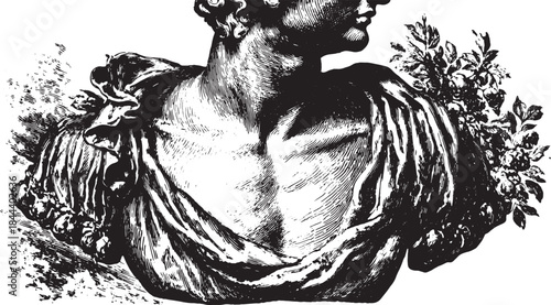 Classical statue bust with intricate details and floral ornamentation. Elegant vector illustration showcases refined craftsmanship.