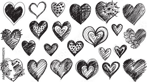 Colección de corazones dibujados a mano en estilo boceto rojo, con diferentes formas y texturas. Diseño romántico ideal para San Valentín, amor, tarjetas, invitaciones y proyectos creativos.