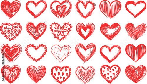 Colección de corazones dibujados a mano en estilo boceto rojo, con diferentes formas y texturas. Diseño romántico ideal para San Valentín, amor, tarjetas, invitaciones y proyectos creativos.