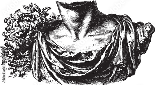 Bust sculpture illustration in black and white. Features intricate details and drapery for a classic vector representation.