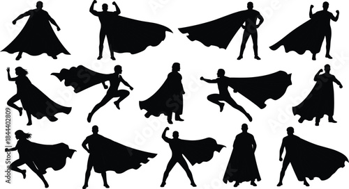 Superhero caped characters male and female silhouettes flying, running, and standing in various heroic power poses, flat vector illustration.