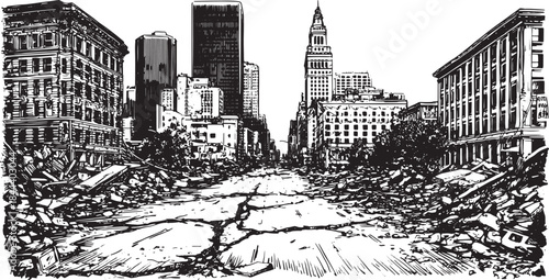 City ruins in a black and white vector illustration. The set showcases an abandoned urban landscape with cracked streets and towering buildings.