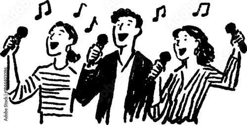 Group of people singing with microphones in a cheerful vector illustration. Simple black and white set showcasing entertainment and vocal performance.