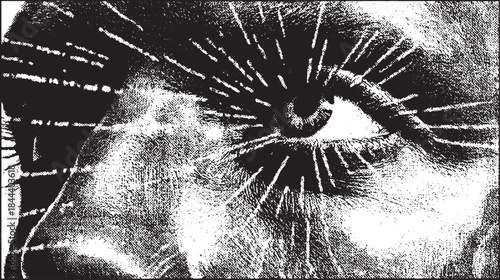 Closeup of a human eye with detailed black and white texture. Graphic vector illustration emphasizes shape and light in an abstract design.