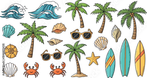 Vector illustration set of tropical palm trees and coconut palms silhouettes on a paradise island beach during a summer sunset landscape with ocean water and nature elements for travel design