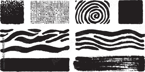 Patterns and textures in black and white. Various brush strokes and shapes create an abstract vector illustration set.
