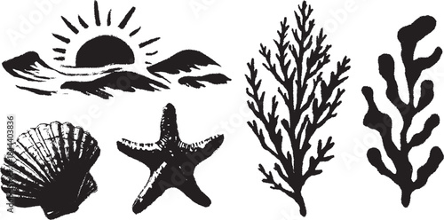 Illustration features a set of sun, sea, shell, star, and coral elements in black and white. Simple vector design for coastal themes.
